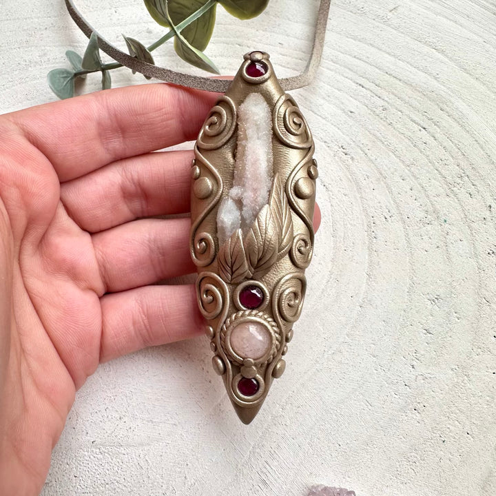 Fairy quartz with morganite and rhodolite garnet necklace