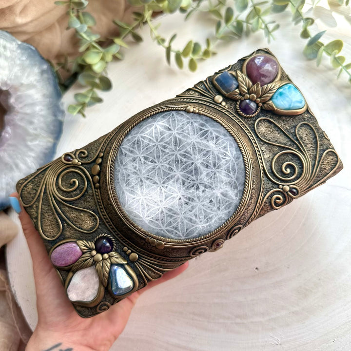 Fairycore healing crystal decor box with Flower of Life selenite and moonstone details