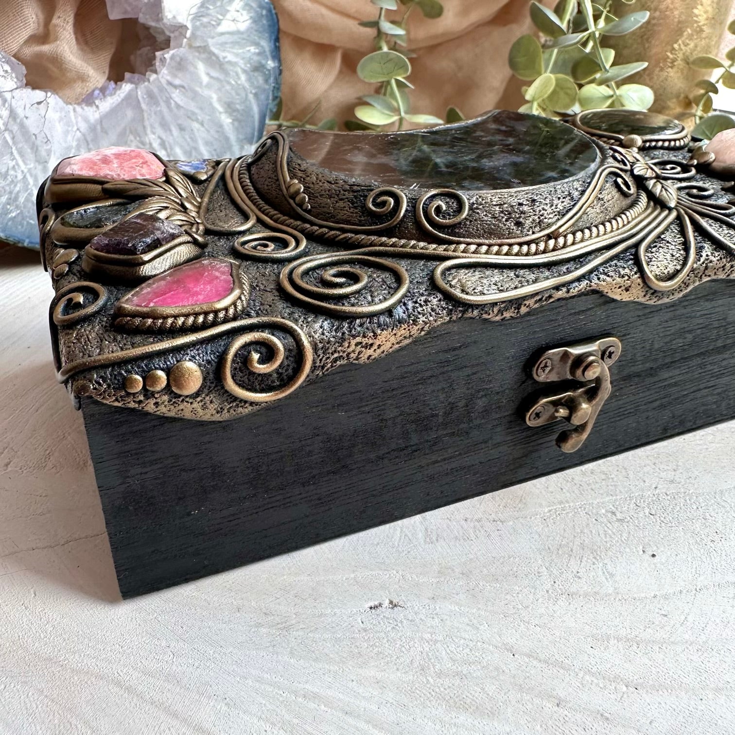 Fairycore healing crystal home decor box with astrophyllite moon and rhodochrosite gemstone accents