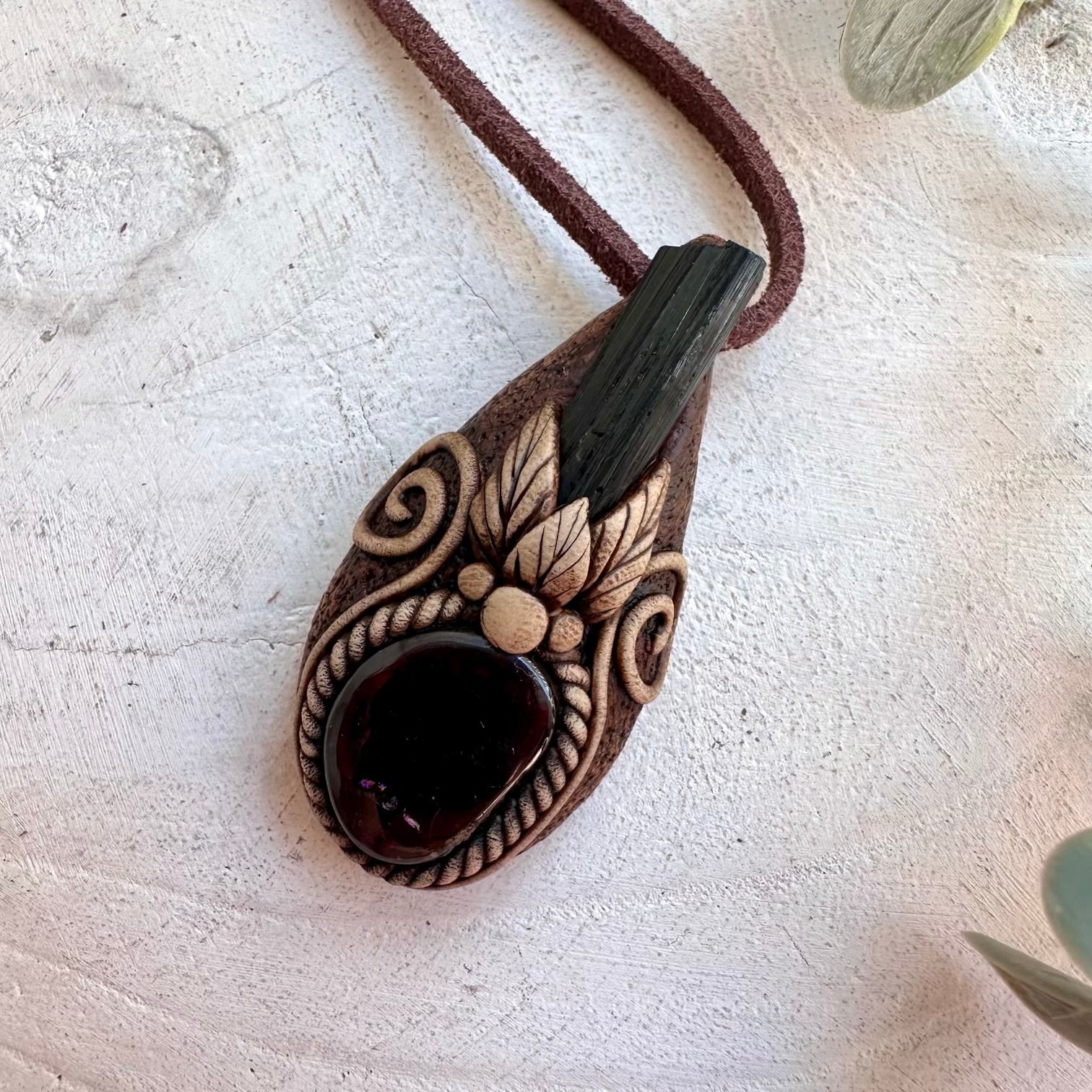 Unisex gemstone pendant featuring Black Tourmaline and Garnet