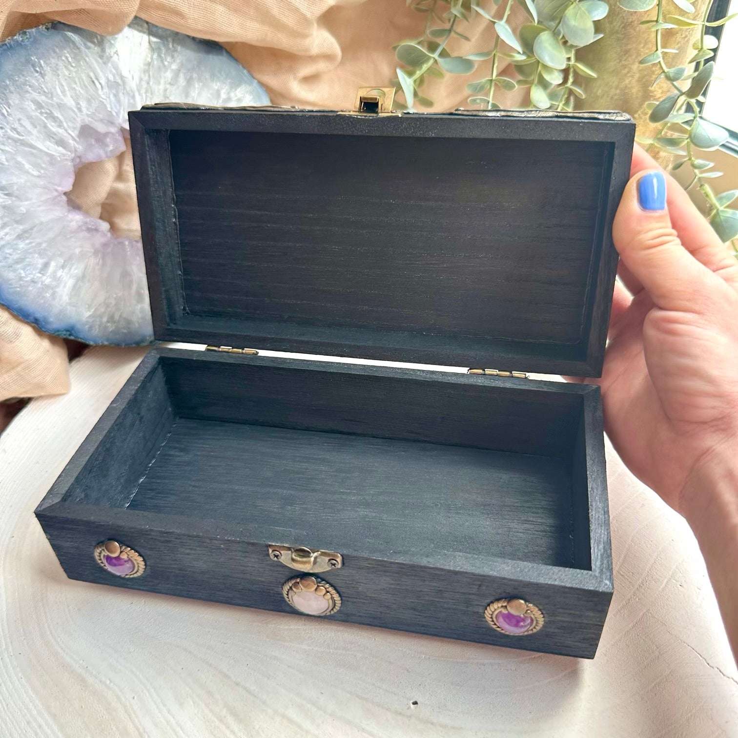 Unique spiritual home decor box with amethyst charoite and larimar