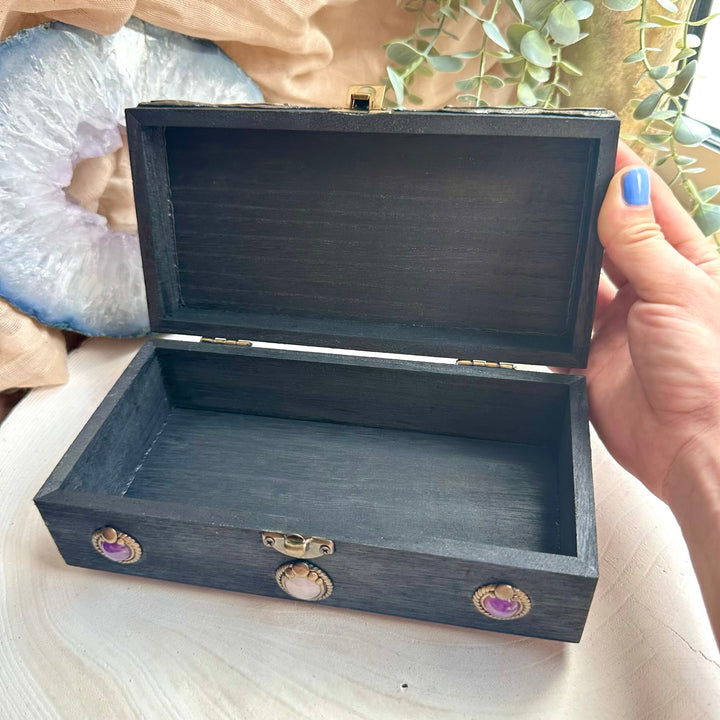 Unique spiritual home decor box with amethyst charoite and larimar