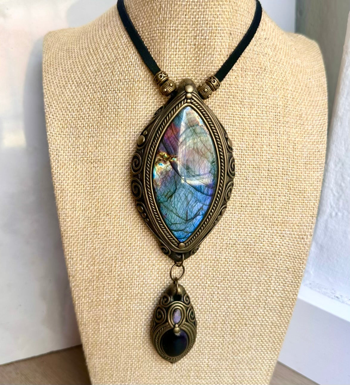 Crystal talisman necklace made with Labradorite, Amethyst and natural Boulder Opal gemstones.