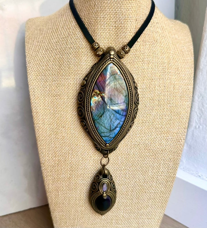 Crystal talisman necklace made with Labradorite, Amethyst and natural Boulder Opal gemstones.