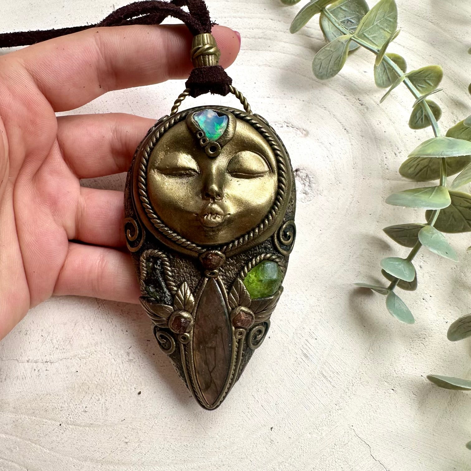 Spiritual goddess amulet featuring Moldavite Peridot Labradorite
