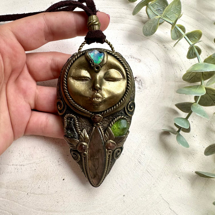 Spiritual goddess amulet featuring Moldavite Peridot Labradorite