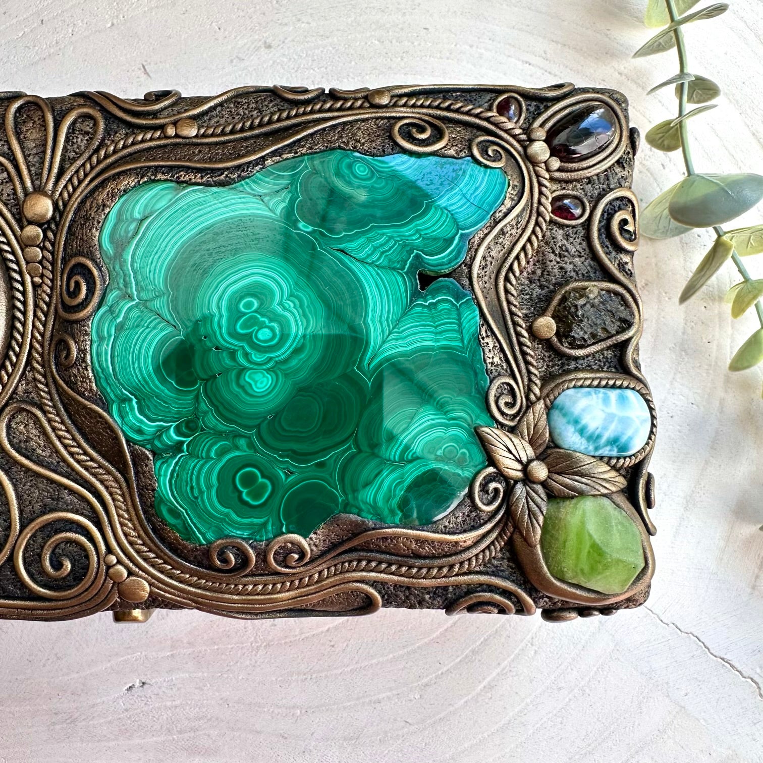 Spiritual home decor box with malachite and amazonite crystals