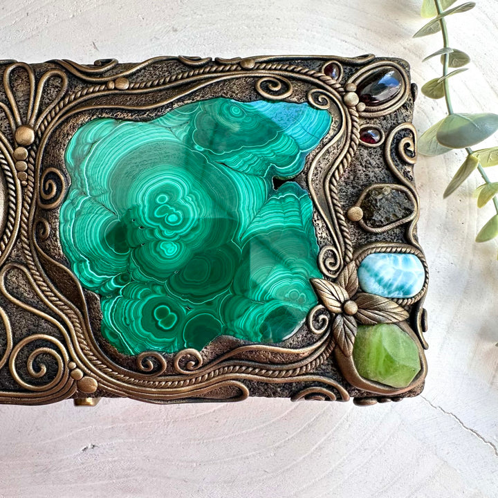 Spiritual home decor box with malachite and amazonite crystals