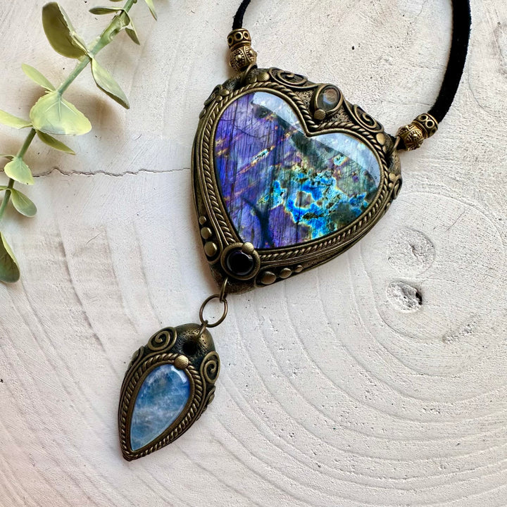 Crystal talisman necklace made with a Purple Labradorite heart, Rainbow Moonstone and Clear Topaz.
