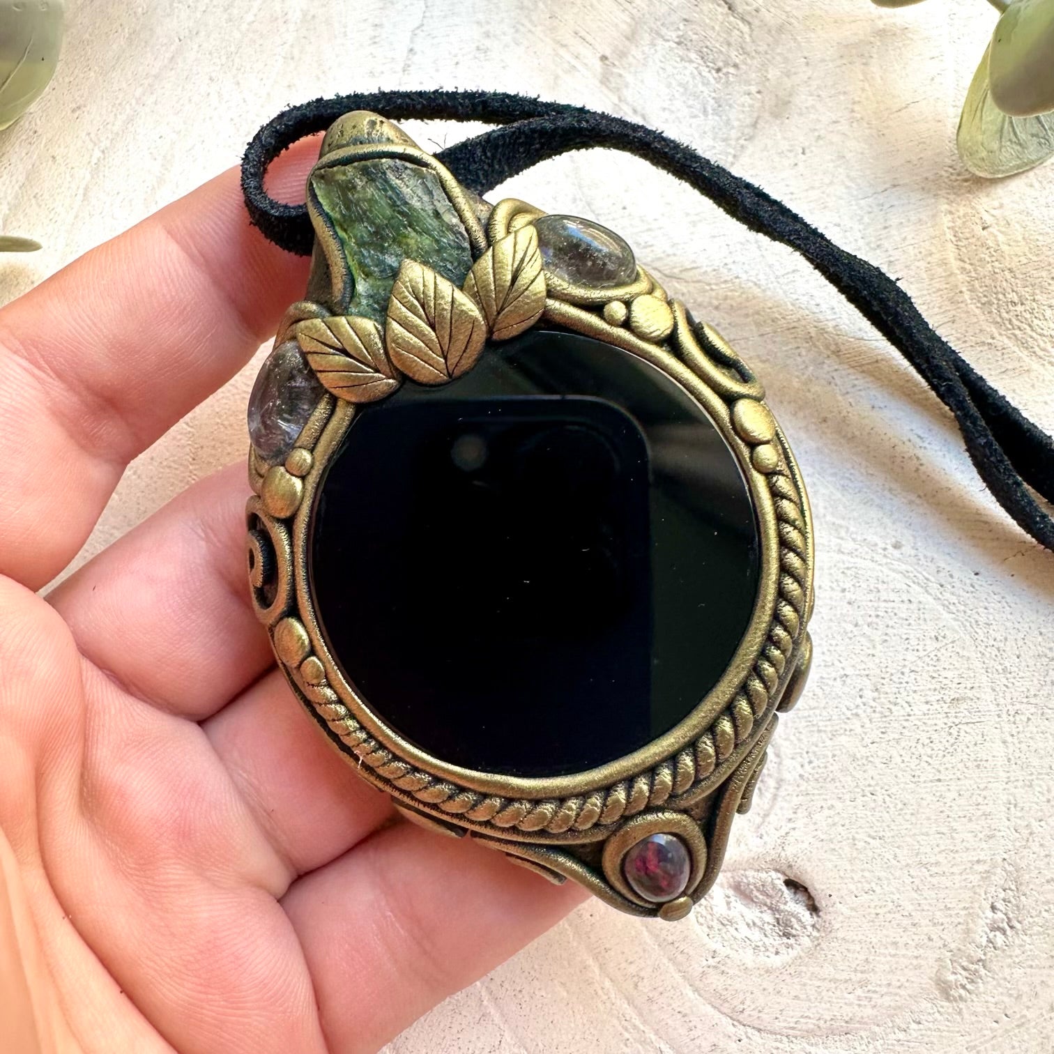 Handmade spiritual necklace with Black Obsidian Mirror, Clear Topaz and Moldavite crystals.