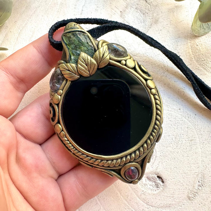 Handmade spiritual necklace with Black Obsidian Mirror, Clear Topaz and Moldavite crystals.