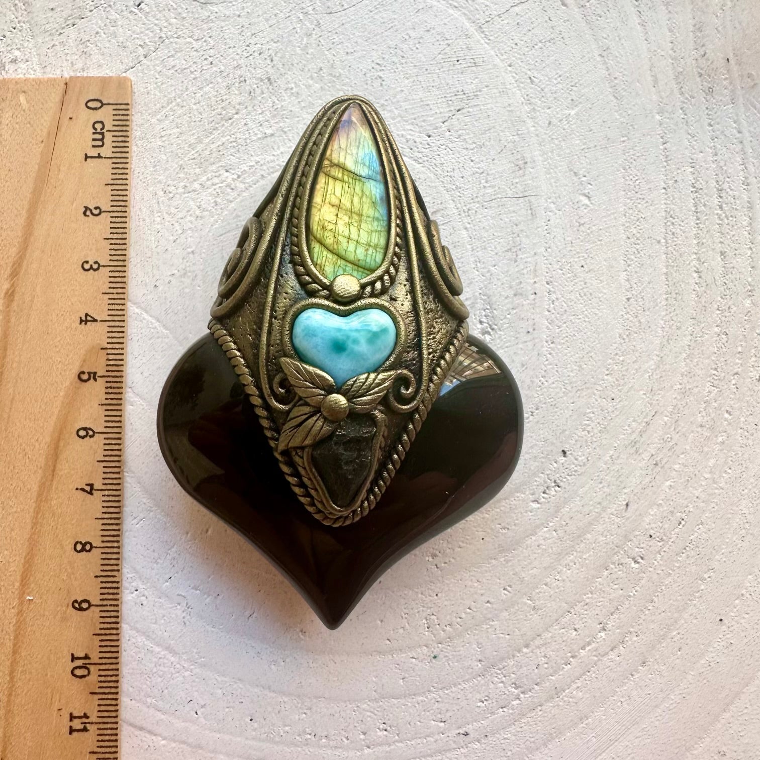 Handmade Rainbow Obsidian necklace with Labradorite, a Larimar heart and Moldavite natural gemstones.