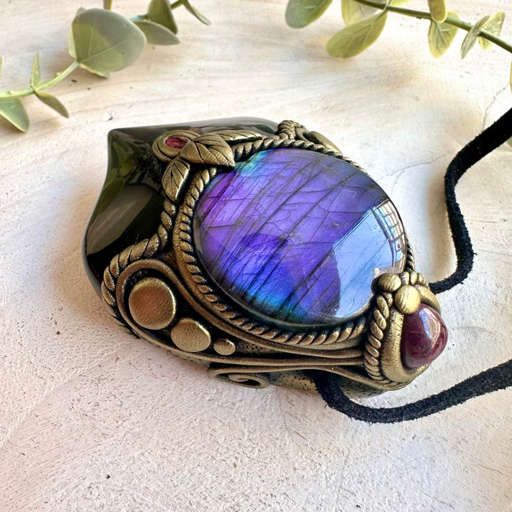 One of a kind spiritual clay gemstone necklace handmade with Rainbow Obsidian and Purple Labradorite.