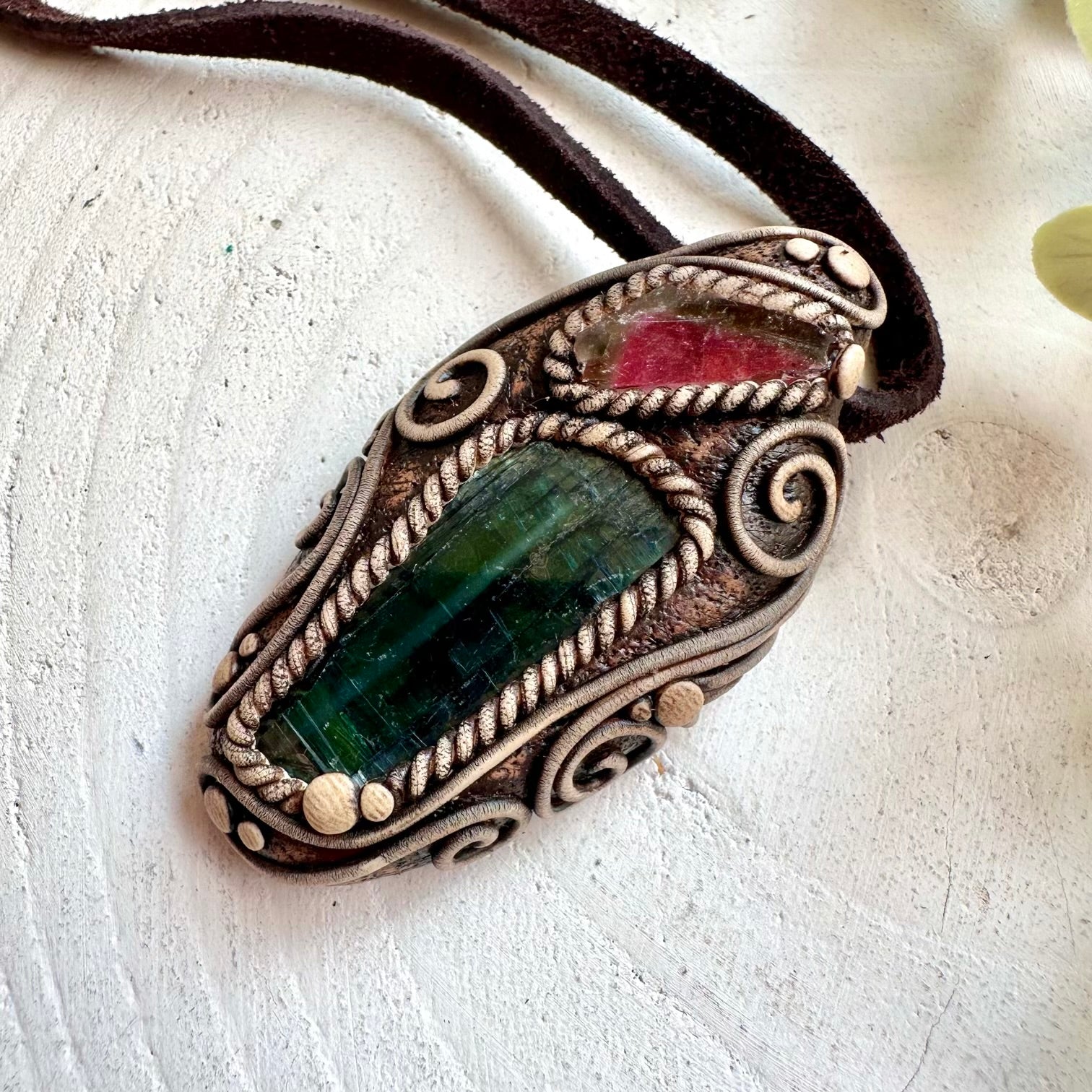 Spiritual crystal necklace featuring Vivianite and Watermelon Tourmaline for emotional balance and growth