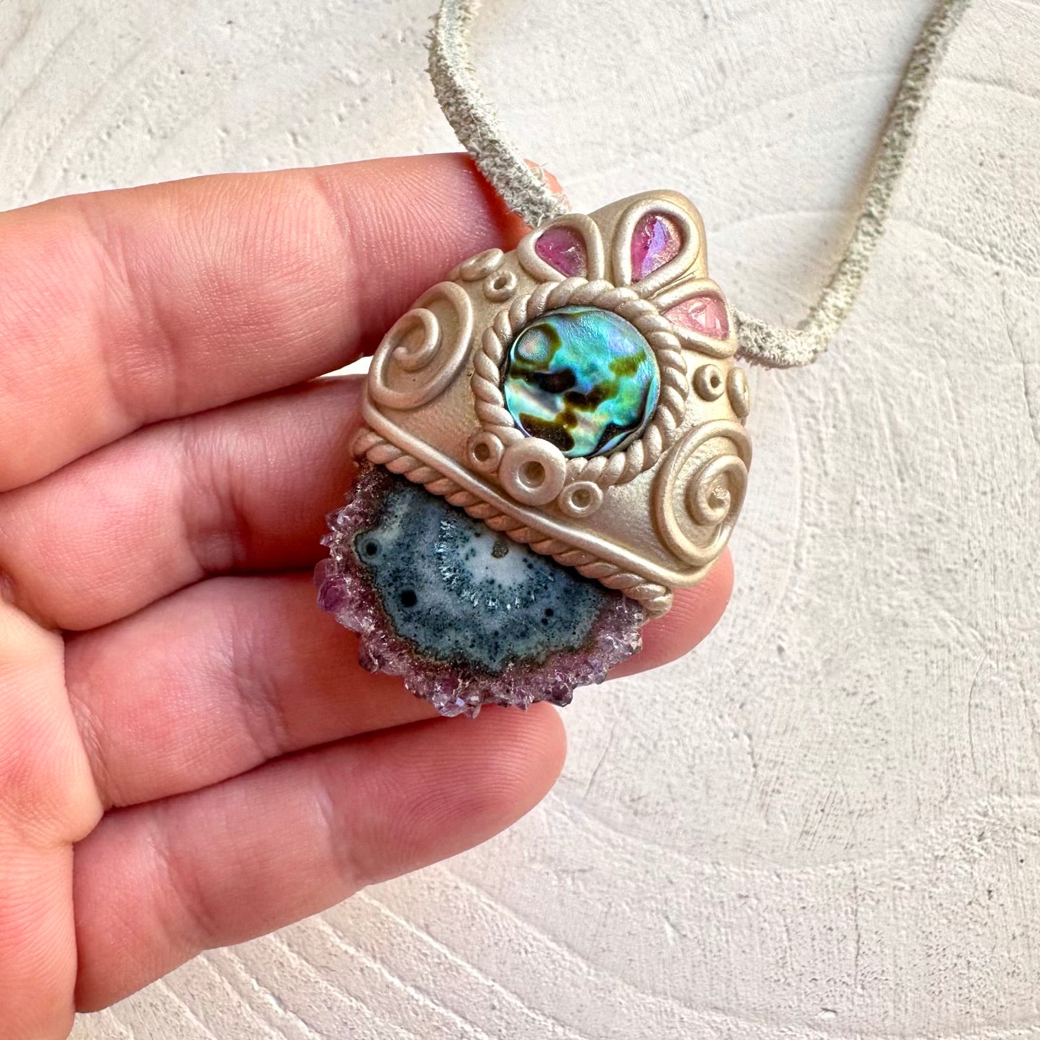 Crystal talisman necklace with Amethyst Stalactite Abalone Seashell and Pink Tourmaline