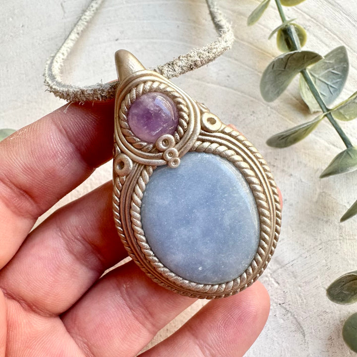 Protection amulet crystal necklace with angelite and amethyst gemstones