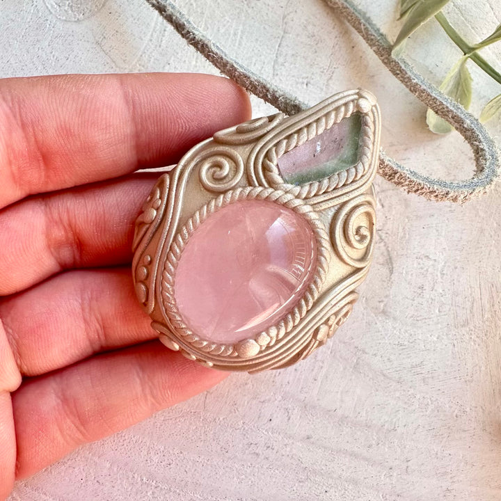 One of a kind crystal necklace handmade spiritual rose quartz gemstone pendant