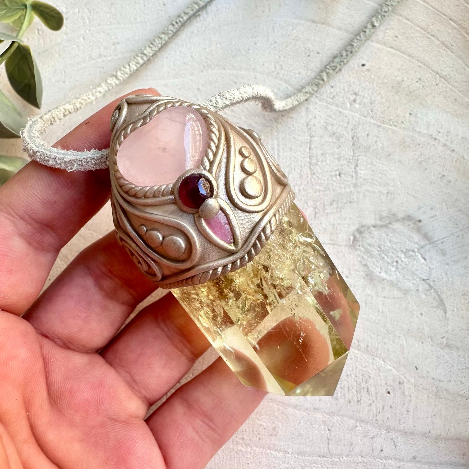 Protection amulet crystal necklace with citrine rose quartz and garnet