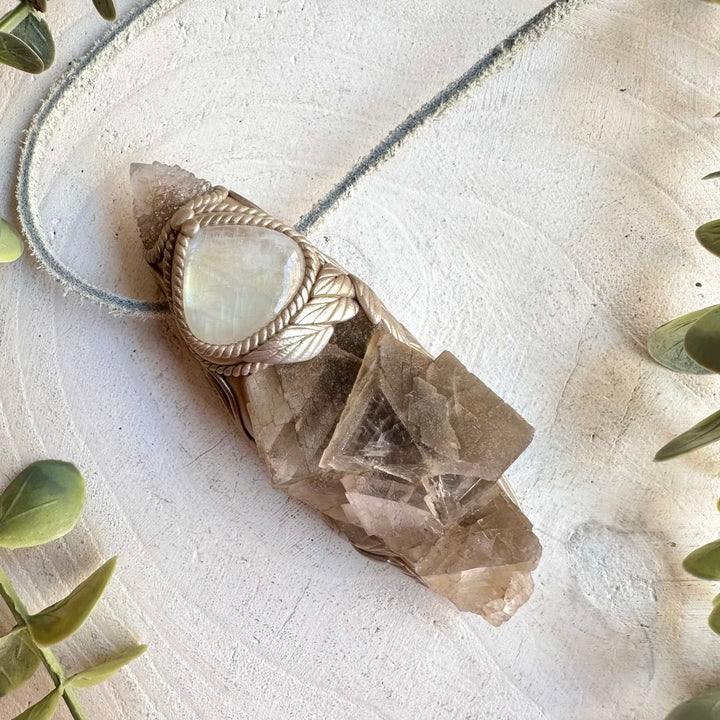 Crystal talisman wand necklace with cubic phantom fluorite spirit quartz and moonstone