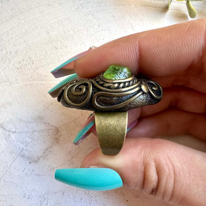 Energy crystal ring with watermelon tourmaline and peridot