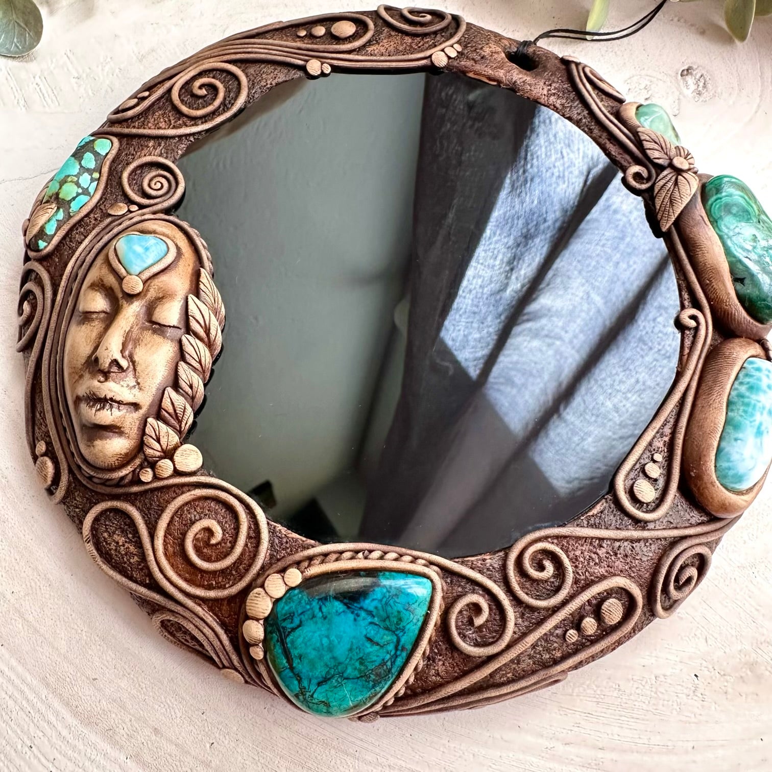 Goddess wall decor with larimar chrysocolla and turquoise crystals