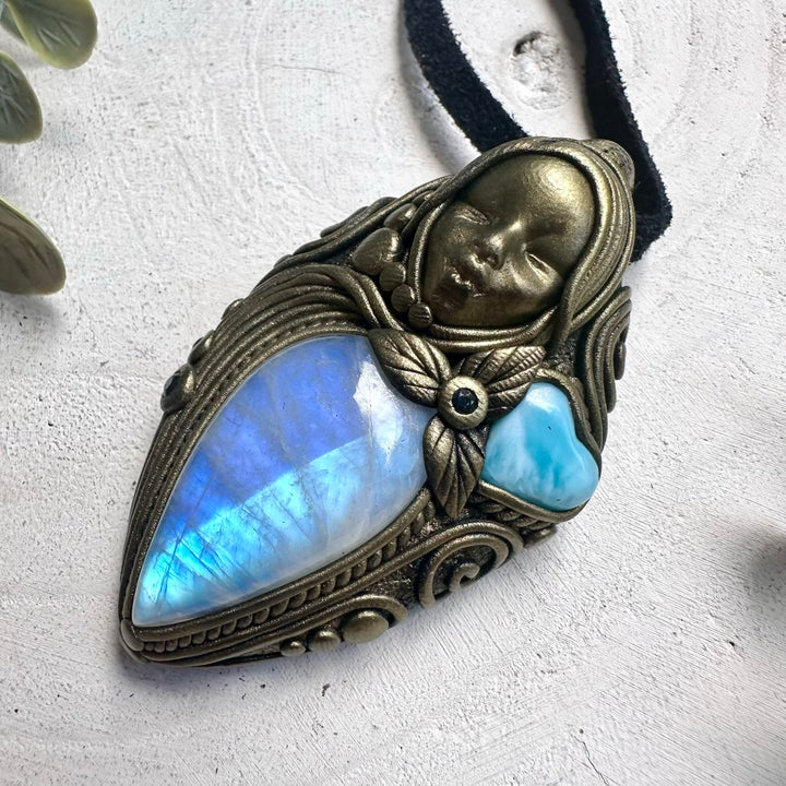 Divine feminine crystal jewelry featuring Moonstone, Larimar and Sapphire