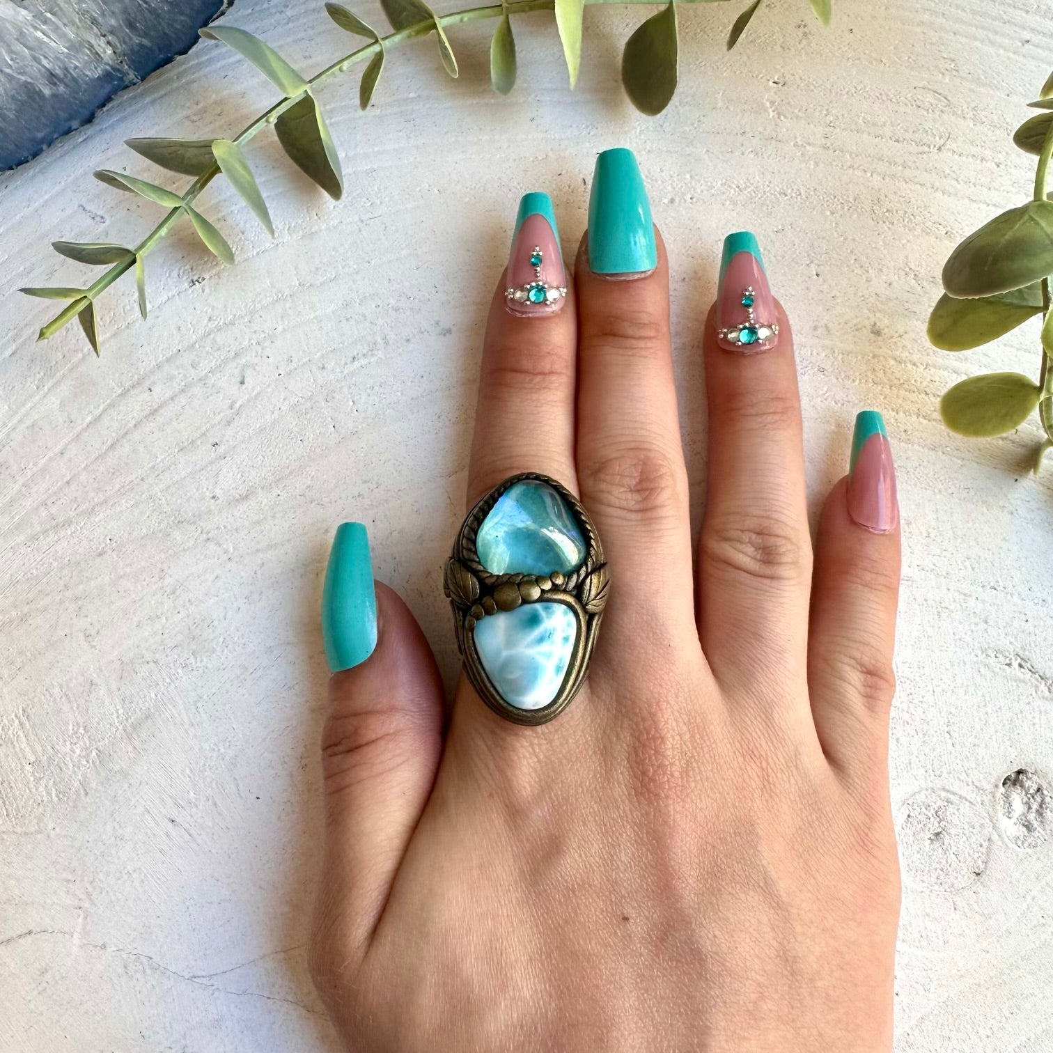 Energy crystal ring with aqua aura quartz