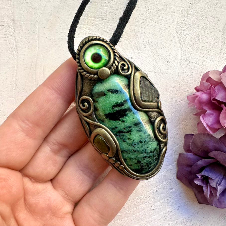 Healing crystal amulet necklace featuring Zoisite, Moldavite and Green Tourmaline eye pendant, one-of-a-kind artisan handmade talisman jewelry.