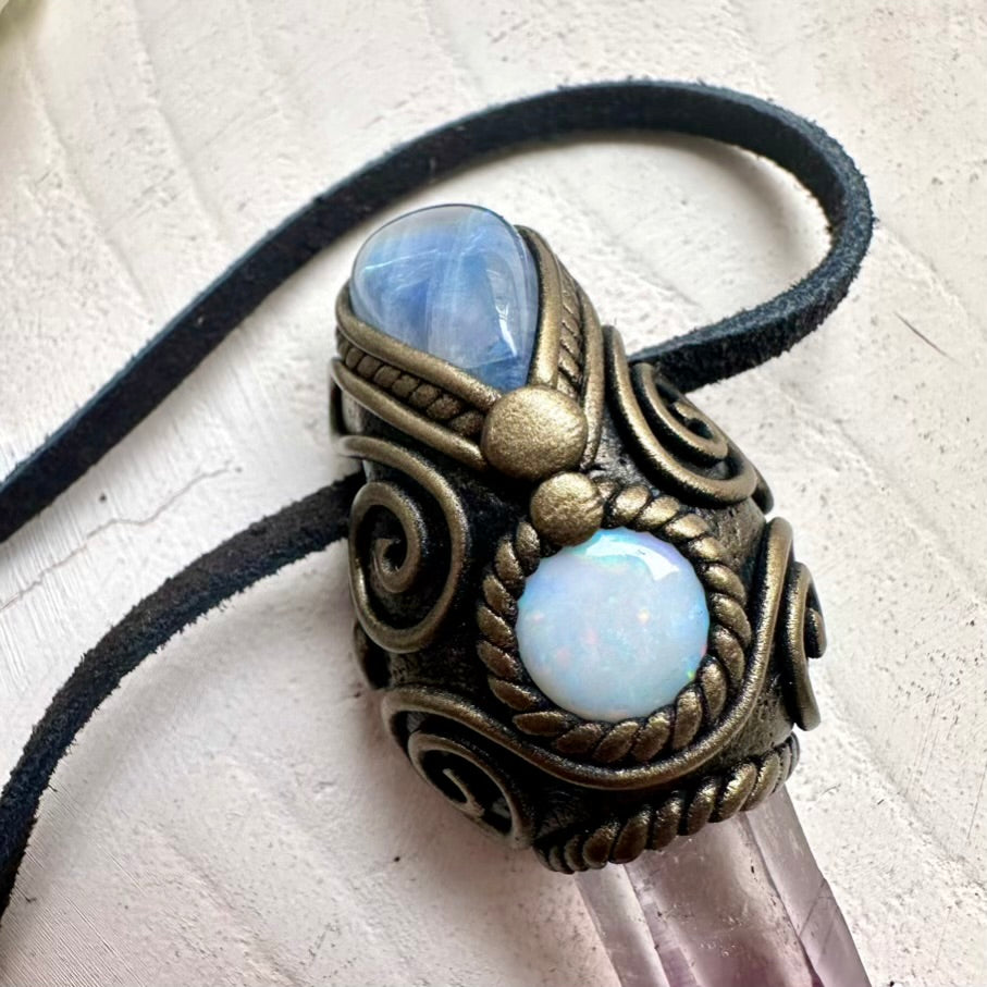 Artisan healing crystal necklace with Vera Cruz Amethyst, Australian Opal doublet and Rainbow Moonstone, spiritual amulet jewelry tool.