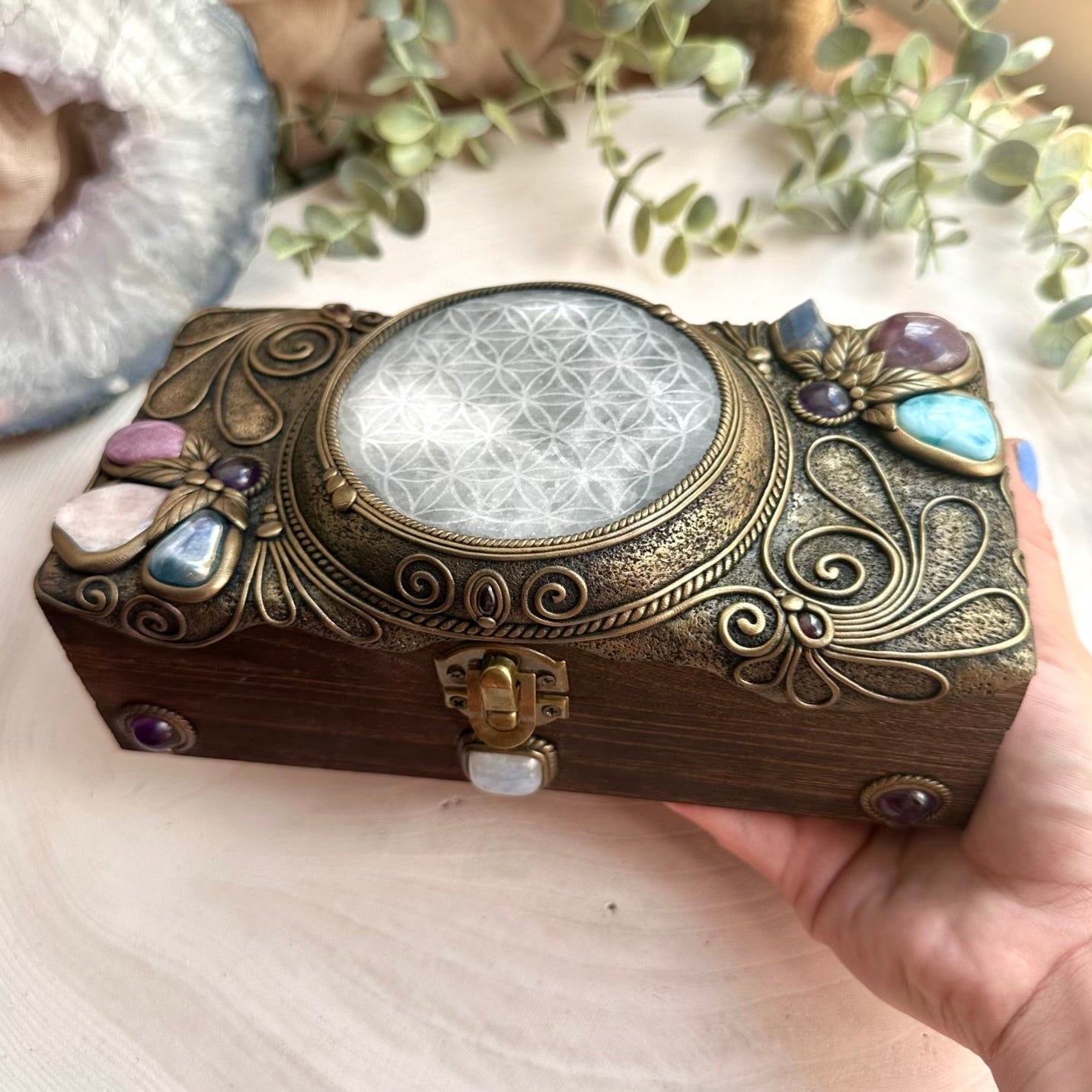 Handmade wooden box with Flower of Life curved selenite and healing crystal home decor aesthetic