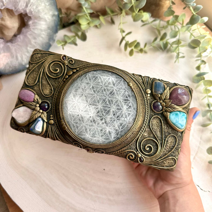 Flower of Life spiritual crystal wooden box with blue calcite and lavender quartz accents
