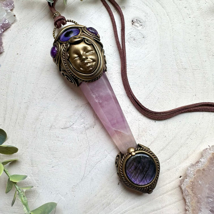 Spiritual goddess necklace with lilac fluorite and amethyst crystals
