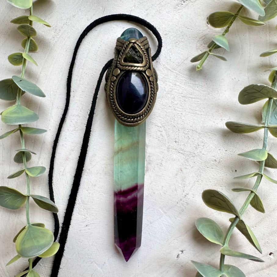 Healing crystal wand pendant with rainbow fluorite and raw moldavite