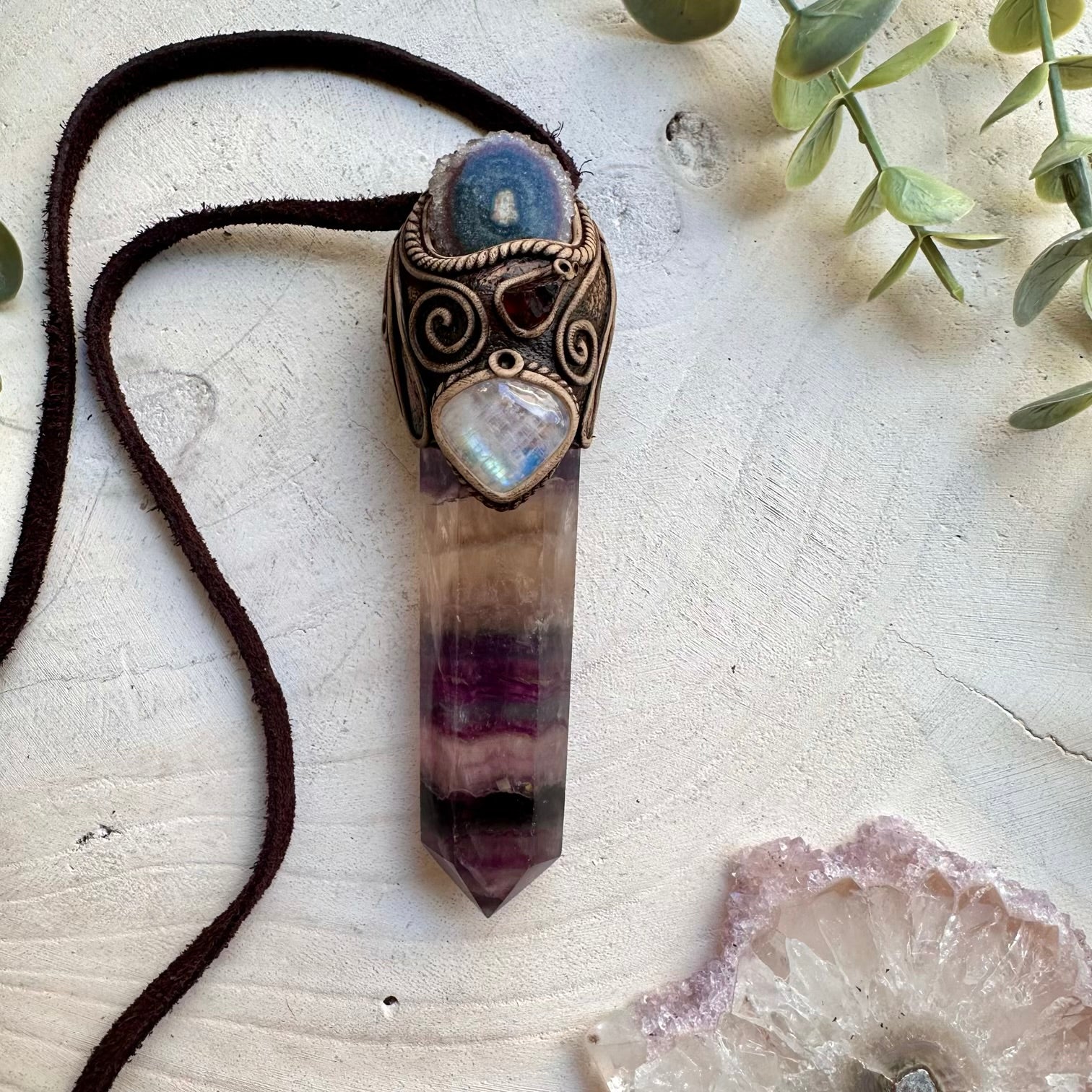 Handmade crystal wand pendant with fluorite amethyst and garnet