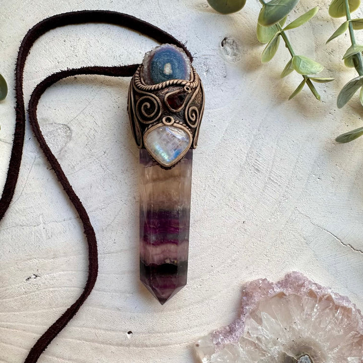 Handmade crystal wand pendant with fluorite amethyst and garnet