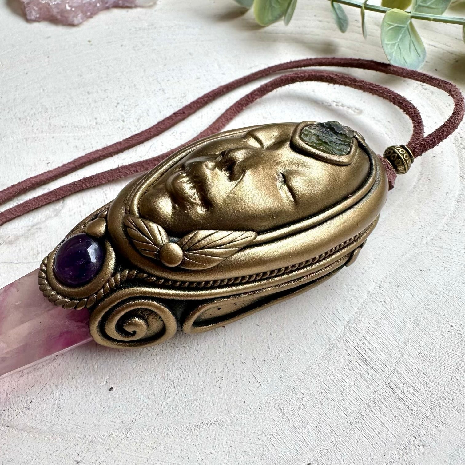 Fluorite amethyst moldavite and opal unisex goddess spiritual jewelry