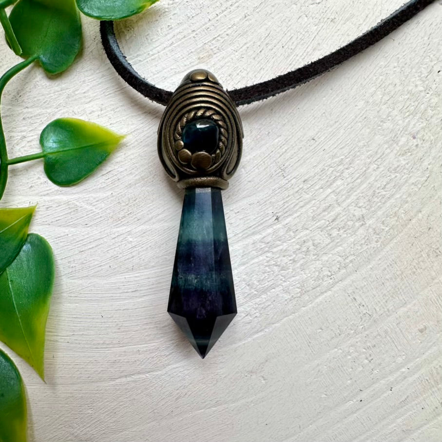 Handcrafted necklace with Rainbow Fluorite and Blue Tourmaline stones