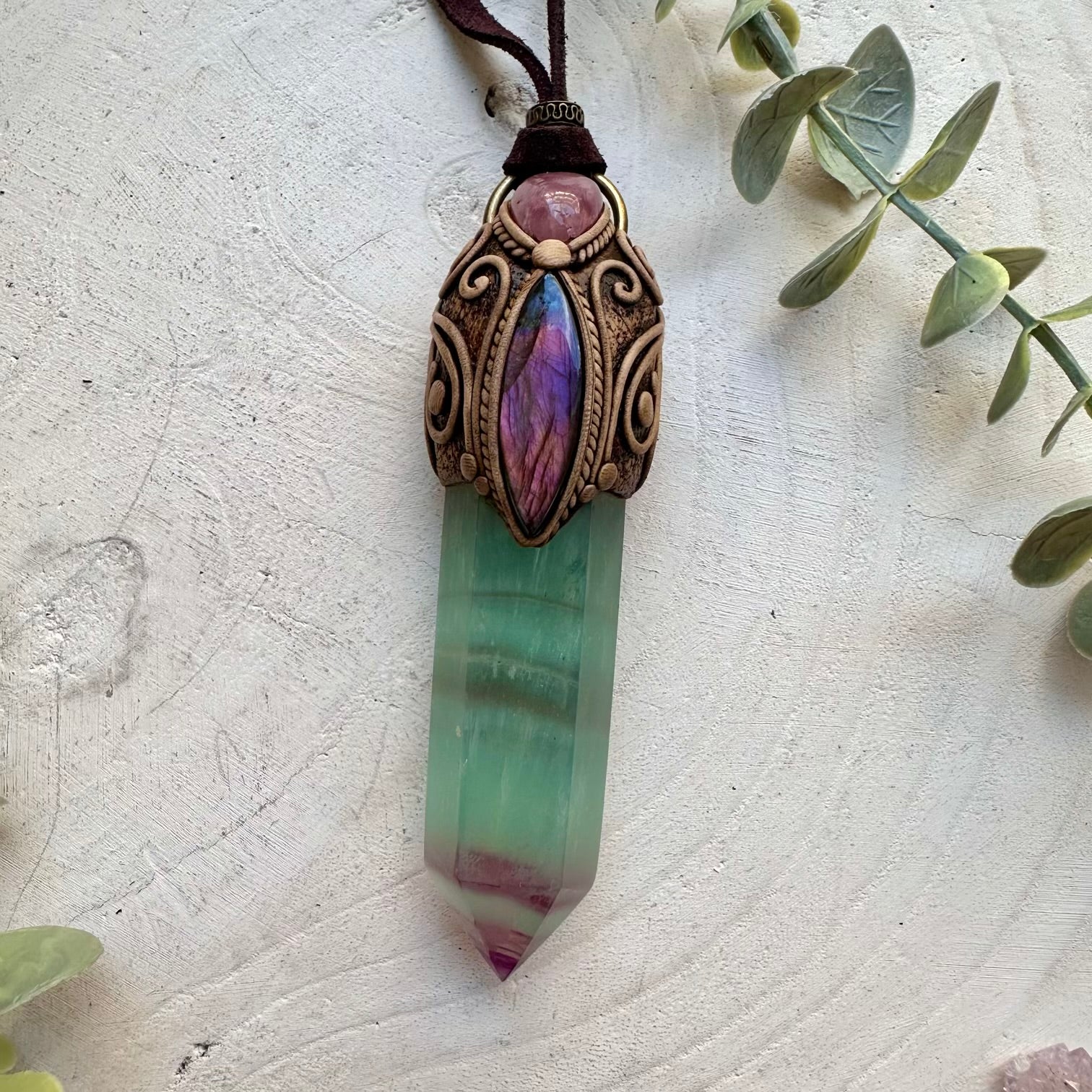 Handmade crystal wand pendant with fluorite labradorite and quartz