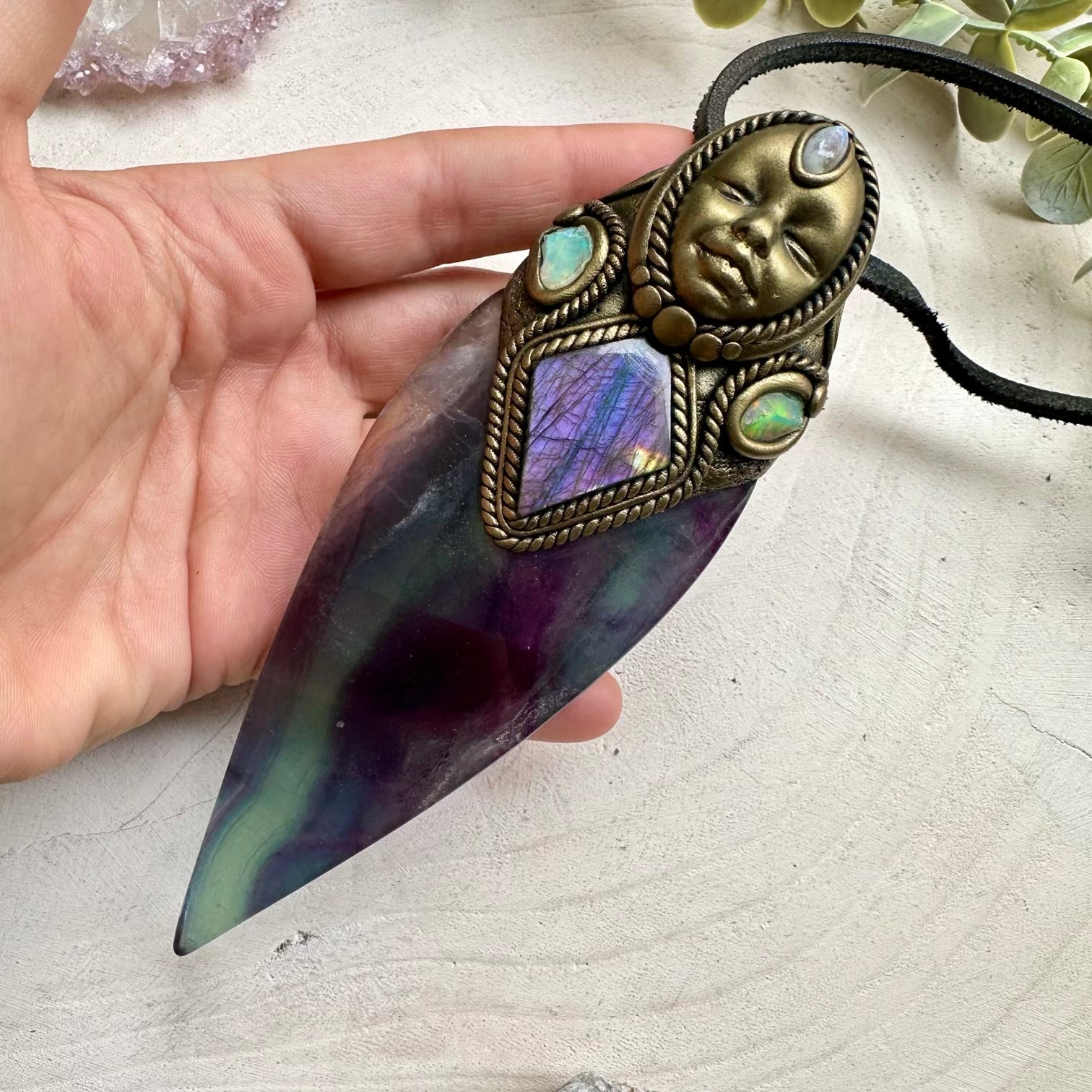 Rainbow fluorite labradorite moonstone and raw Ethiopian opal goddess wand pendant