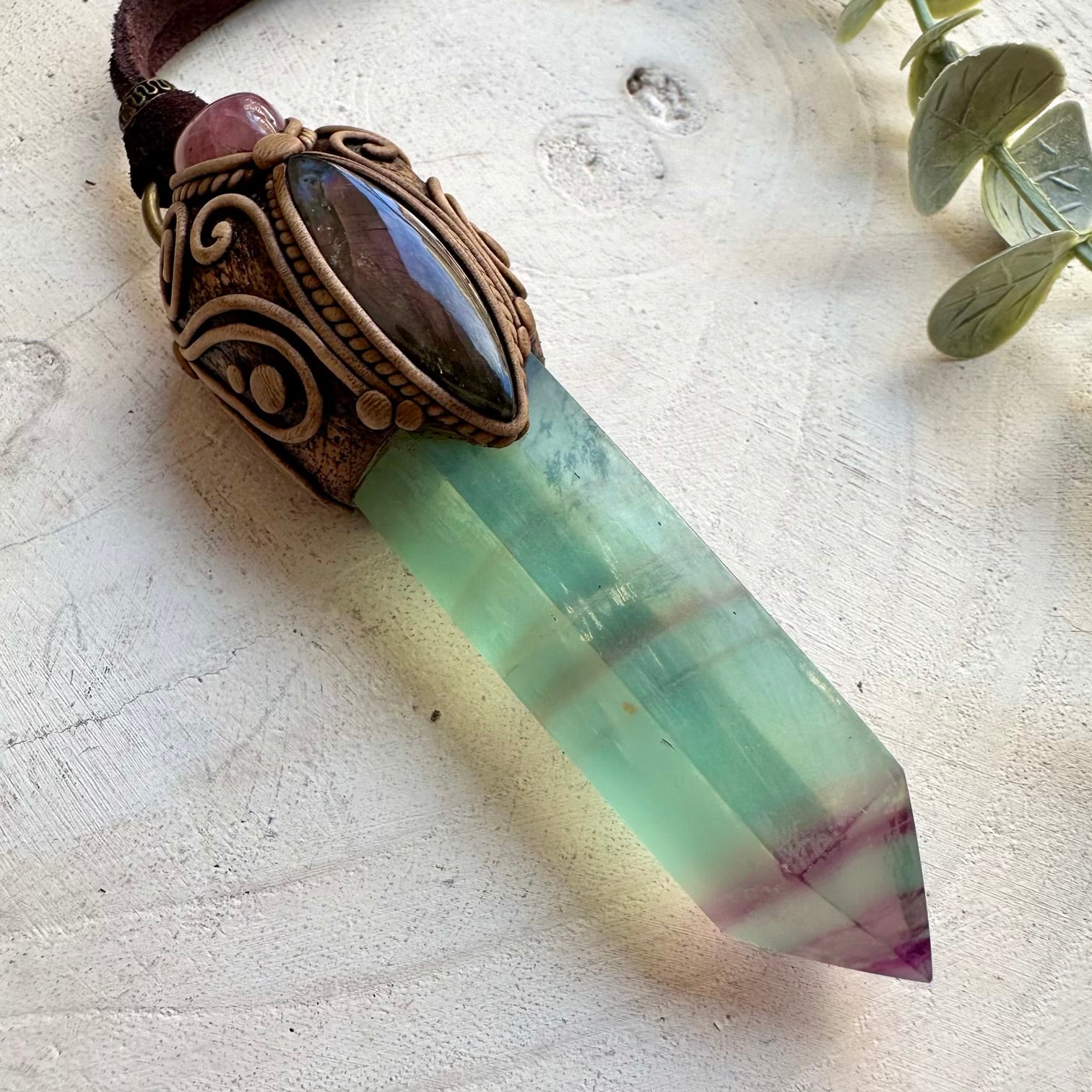 protection necklace with lavender quartz and fluorite gemstones