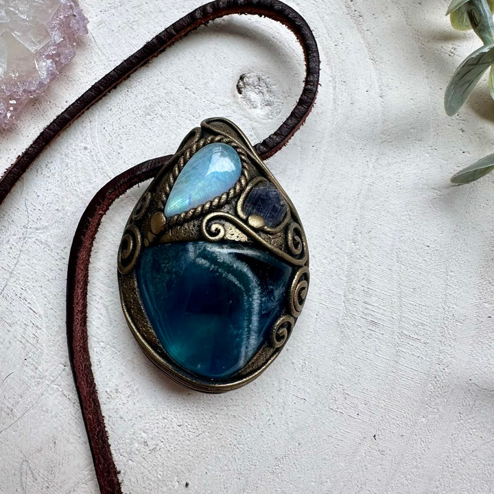 Handmade necklace with blue fluorite moonstone and tanzanite