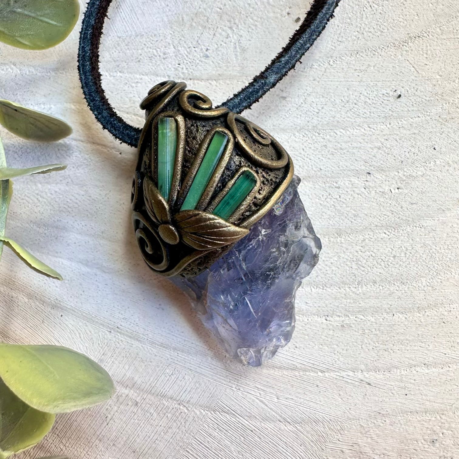 Healing crystal necklace with raw fluorite and tourmaline