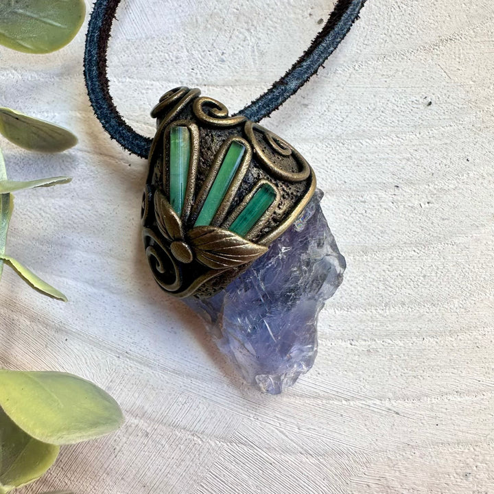 Healing crystal necklace with raw fluorite and tourmaline