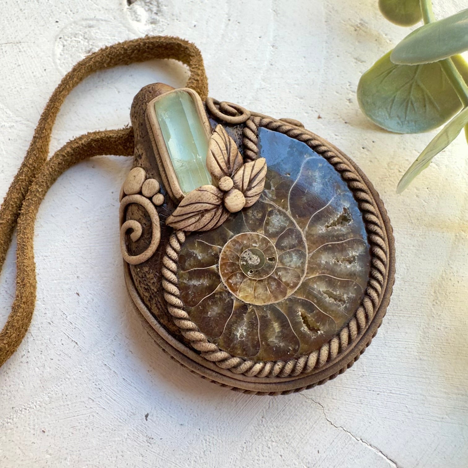 One of a kind ammonite fossil gemstone necklace