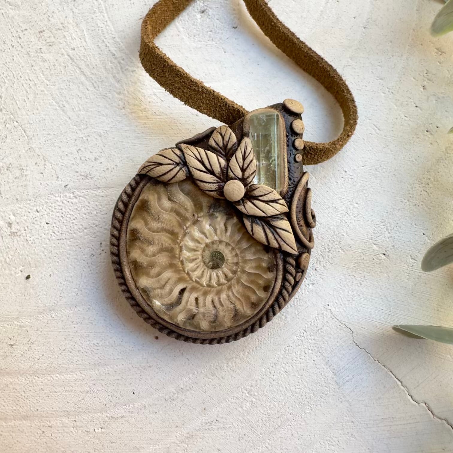 Handmade fossil necklace with ammonite and aquamarine gemstone