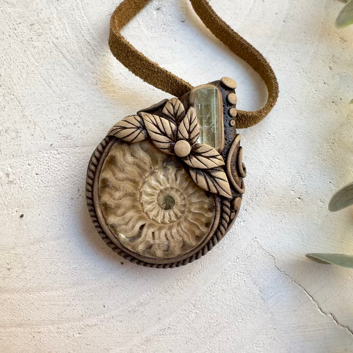 Handmade fossil necklace with ammonite and aquamarine gemstone