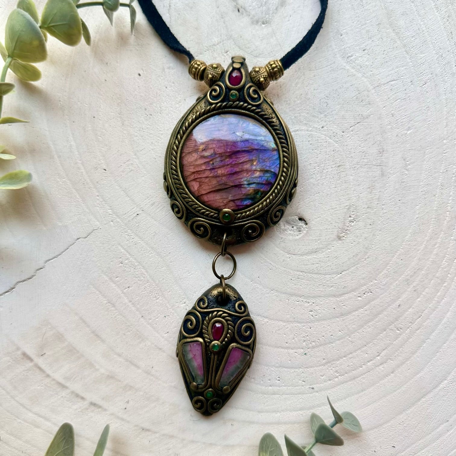Natural gemstone jewelry showcasing Labradorite with a matching pair of Watermelon Tourmaline.
