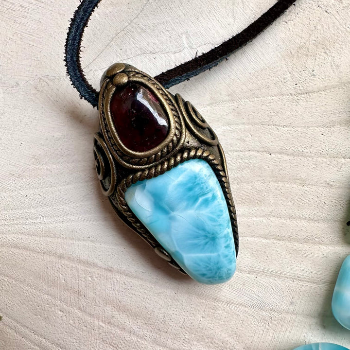One of a kind larimar and garnet gemstone necklace