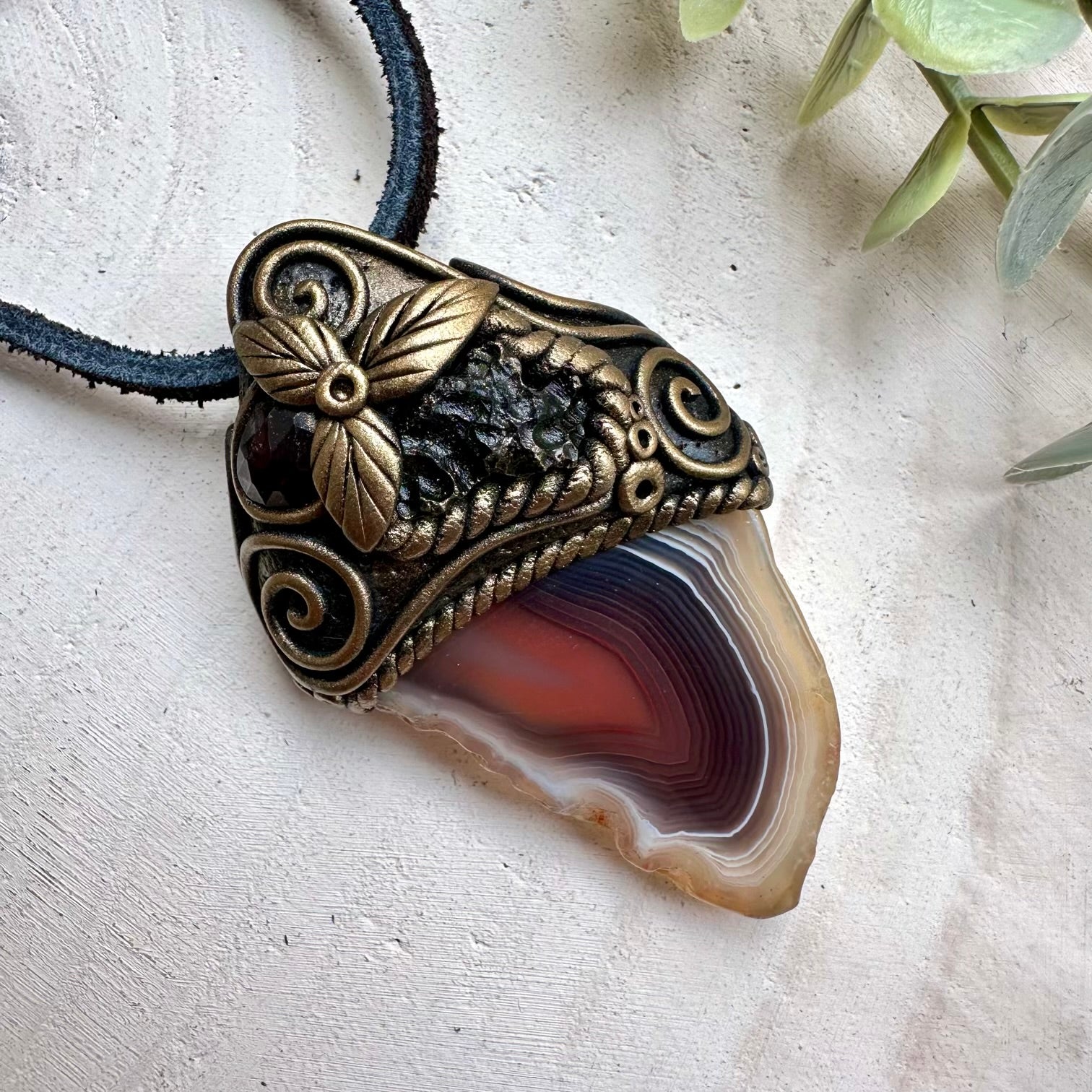 Natural gemstone necklace with botswana agate moldavite and garnet