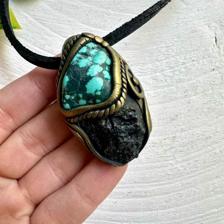 Healing Crystal Necklace – Tektite and Turquoise Gemstone Pendant for Strength and Calm